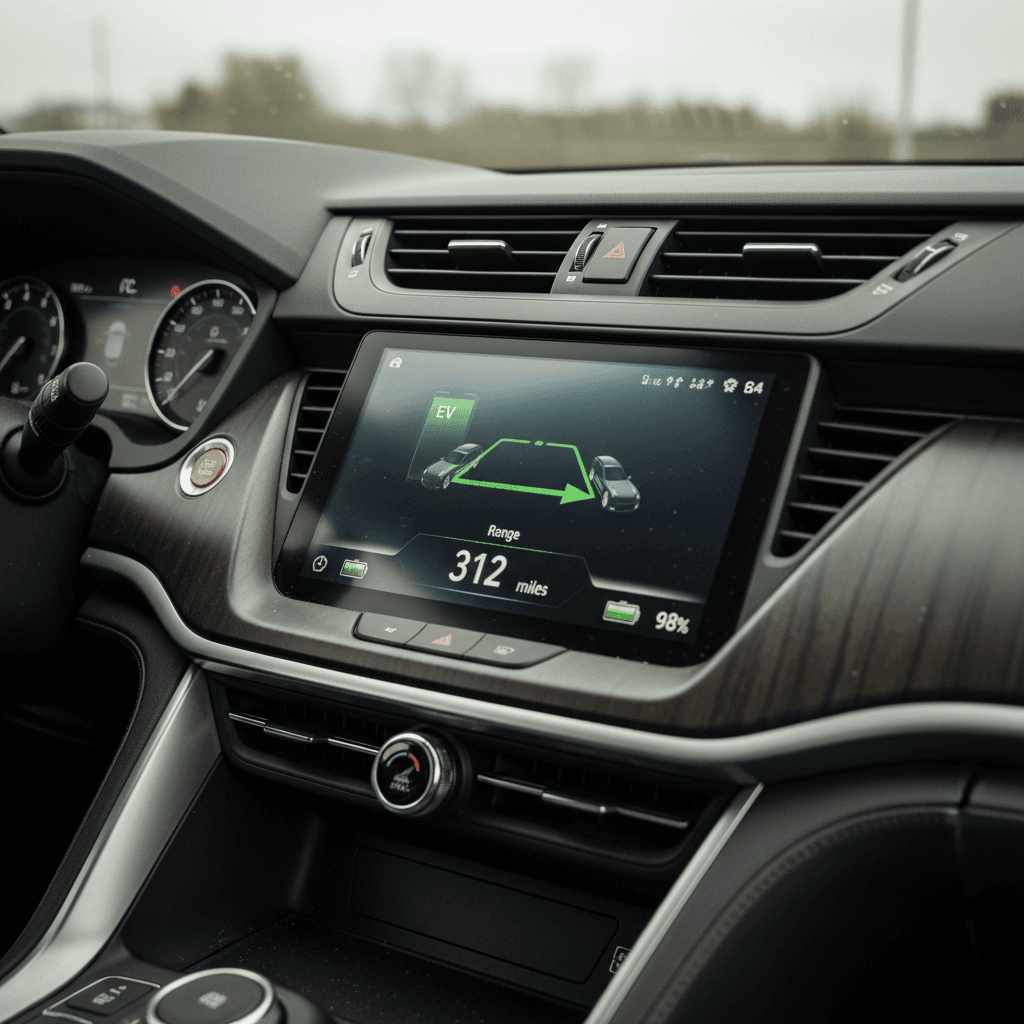 Acura ZDX interior showing digital cluster and center screen with battery charge level and range displayed