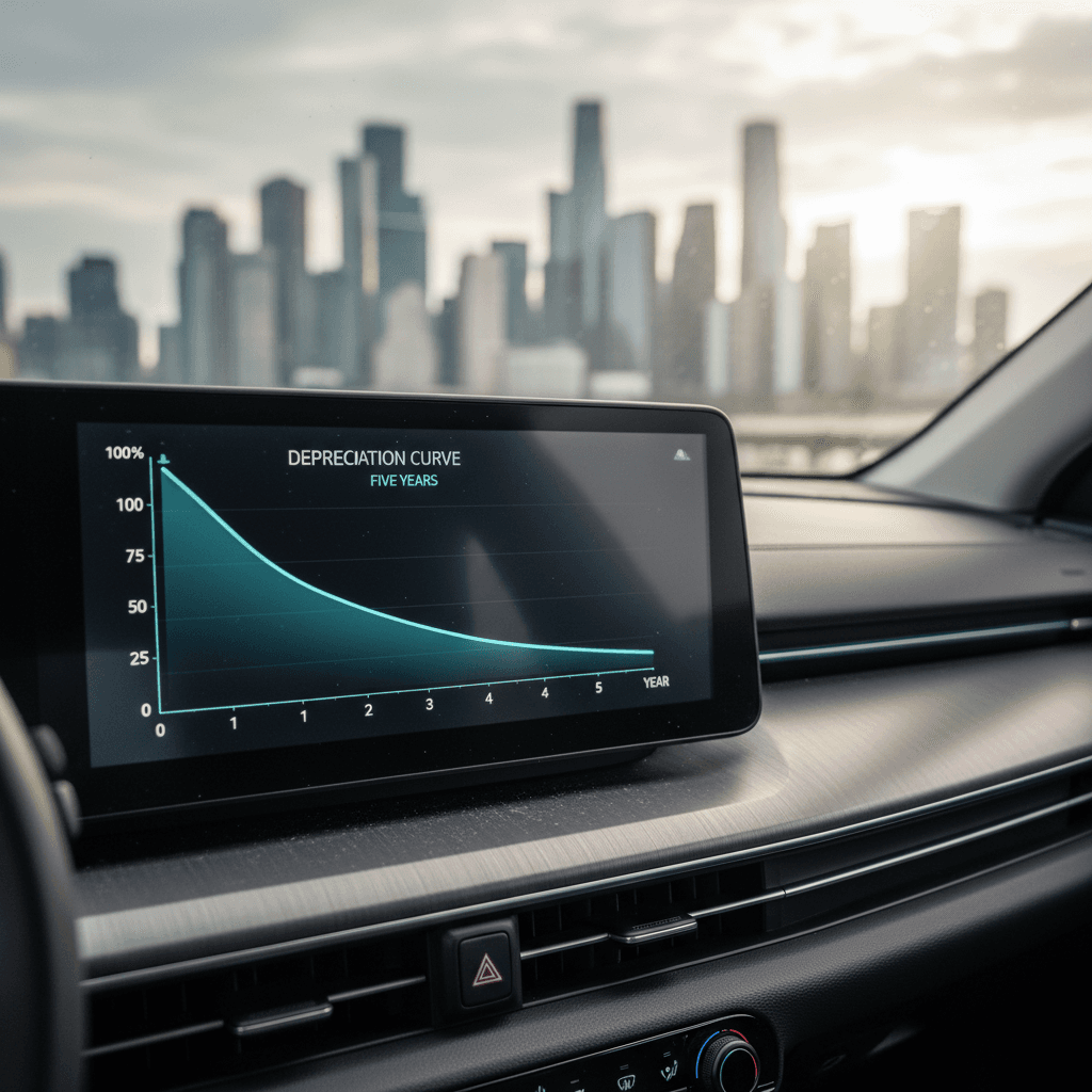 Illustrated depreciation curve showing Kia EV6 value starting near MSRP and gradually declining with a steeper drop in the first three years before flattening by year five.