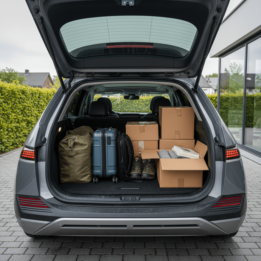 Hyundai Ioniq 5 cargo space with rear seats folded flat and luggage loaded