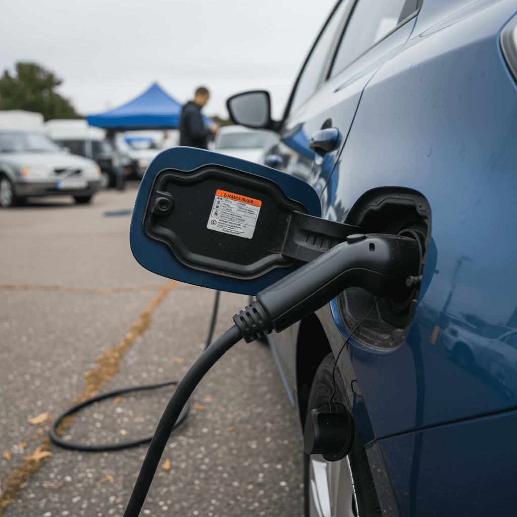 Family evaluating an electric car with a salesperson at a dealership
