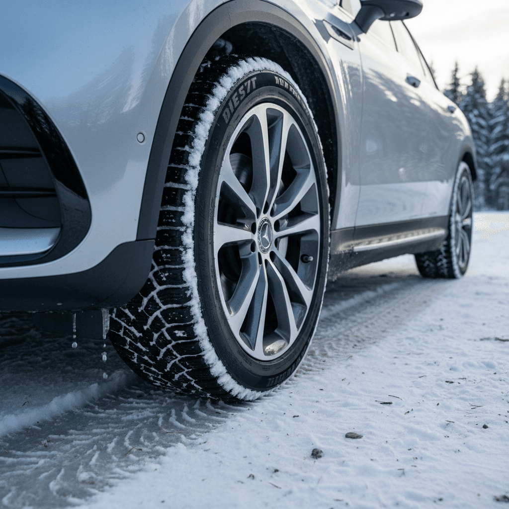 Close-up of a Mercedes EQE SUV wheel fitted with winter tires, parked on packed snow in a residential driveway