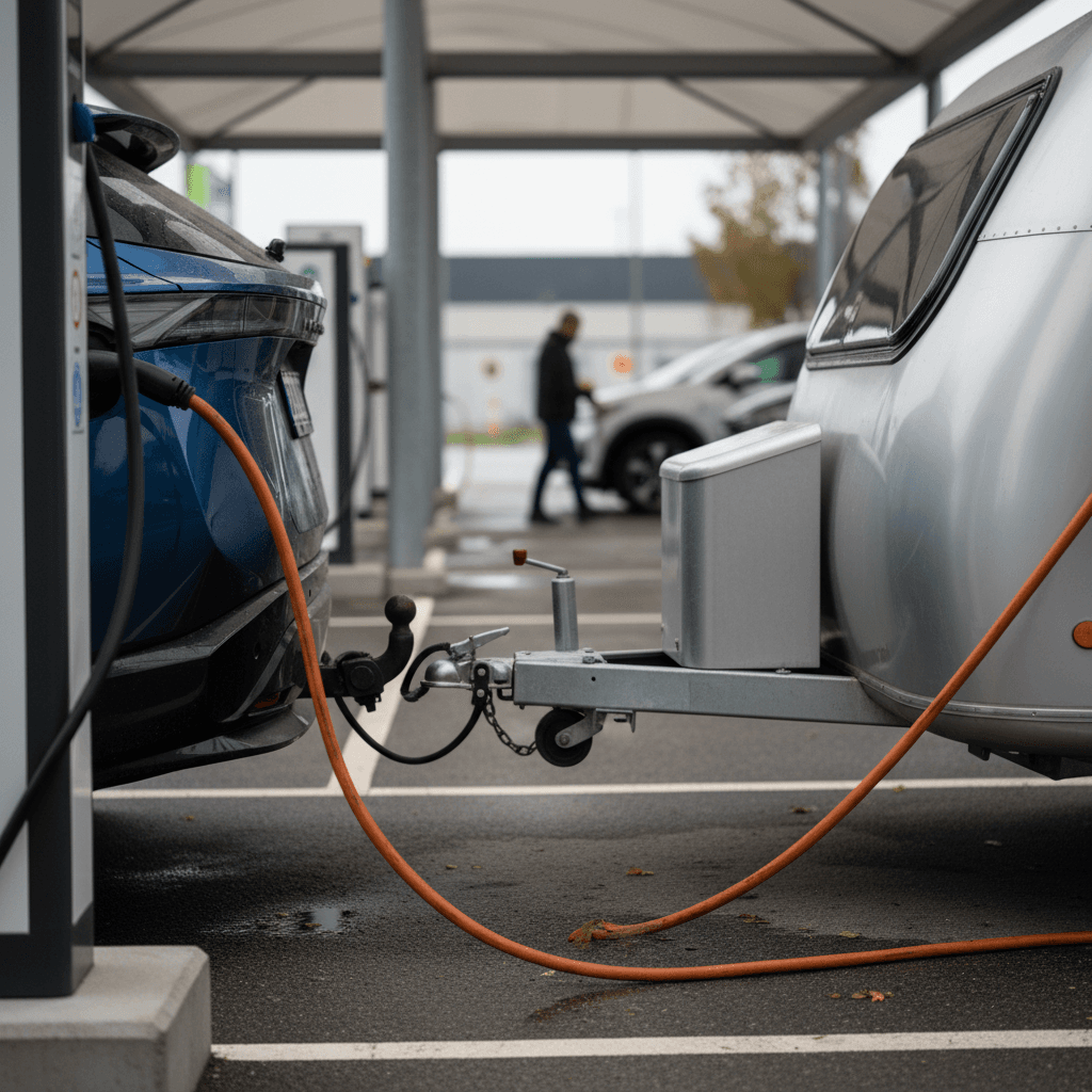 Nissan Ariya hitched to a small aerodynamic camper trailer while plugged into a DC fast charger
