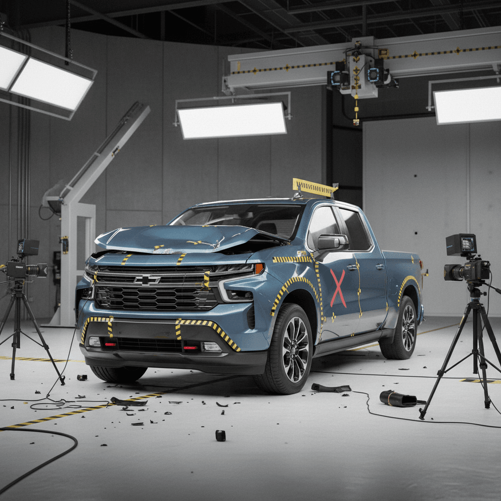 Chevy Silverado EV in a controlled studio environment with crash-test markings and safety equipment nearby