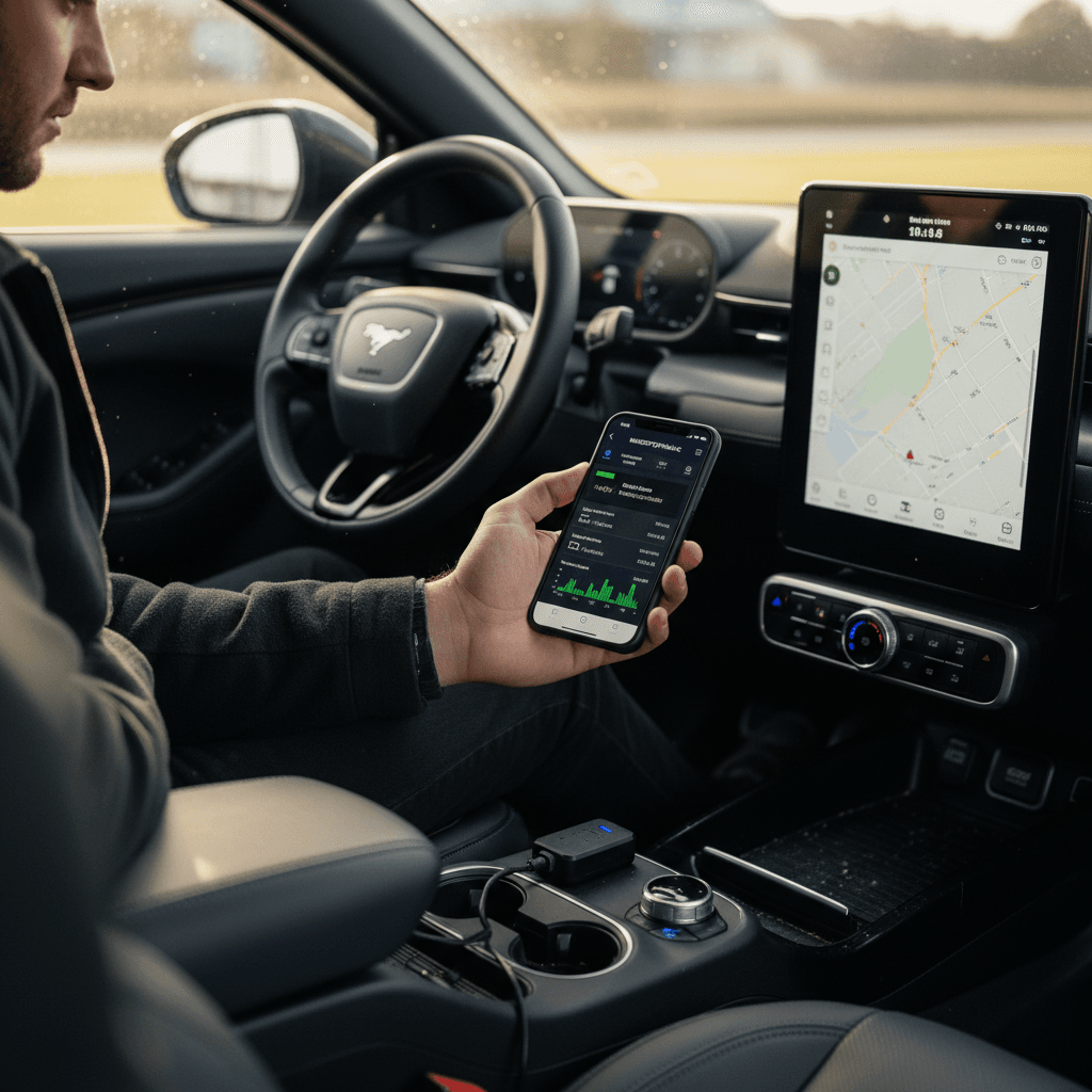 Driver using OBD2 dongle and smartphone app in a Ford Mustang Mach‑E to read battery data