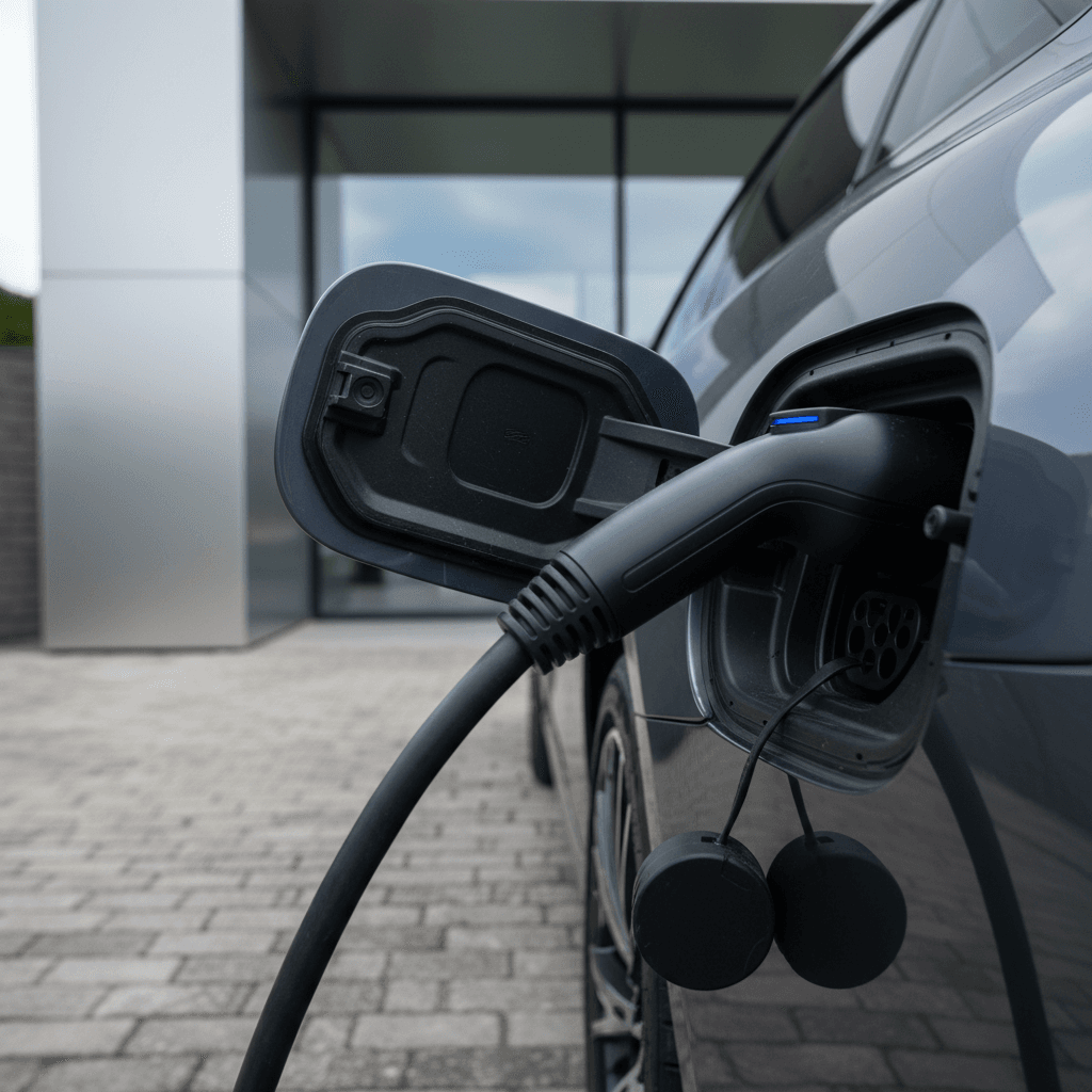 Close view of a Mercedes EQE charging port with a cable connected in a residential driveway