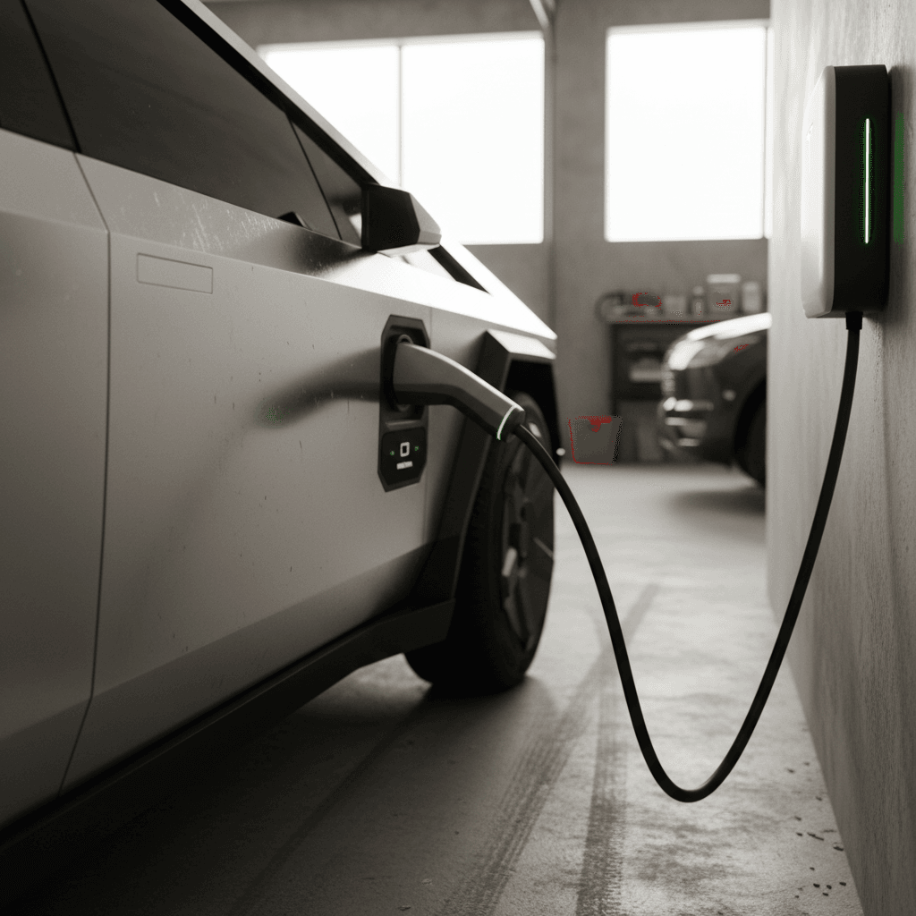 Tesla Cybertruck plugged into a home wallbox charger in a modern garage
