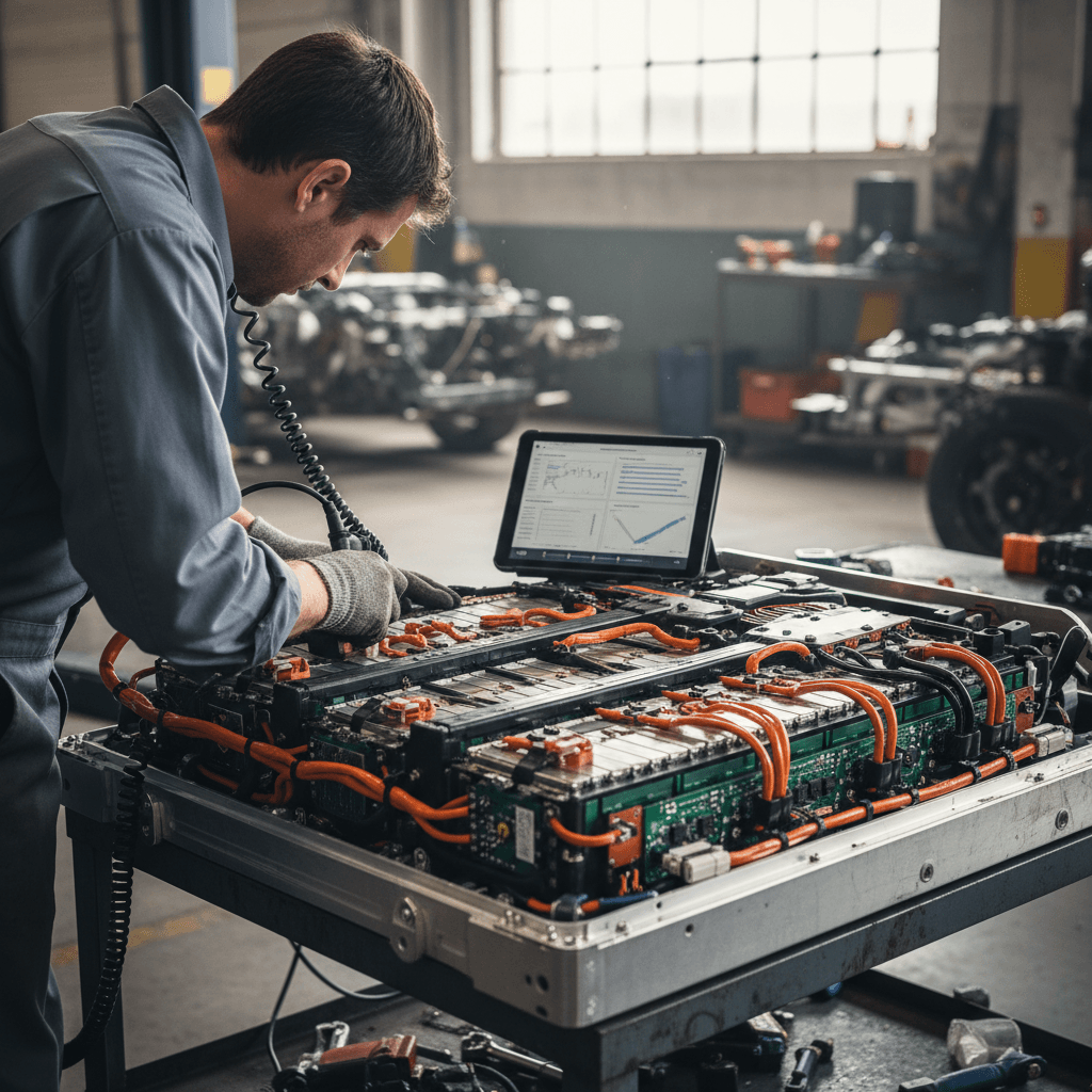 Large EV battery pack mounted under an electric vehicle on a lift