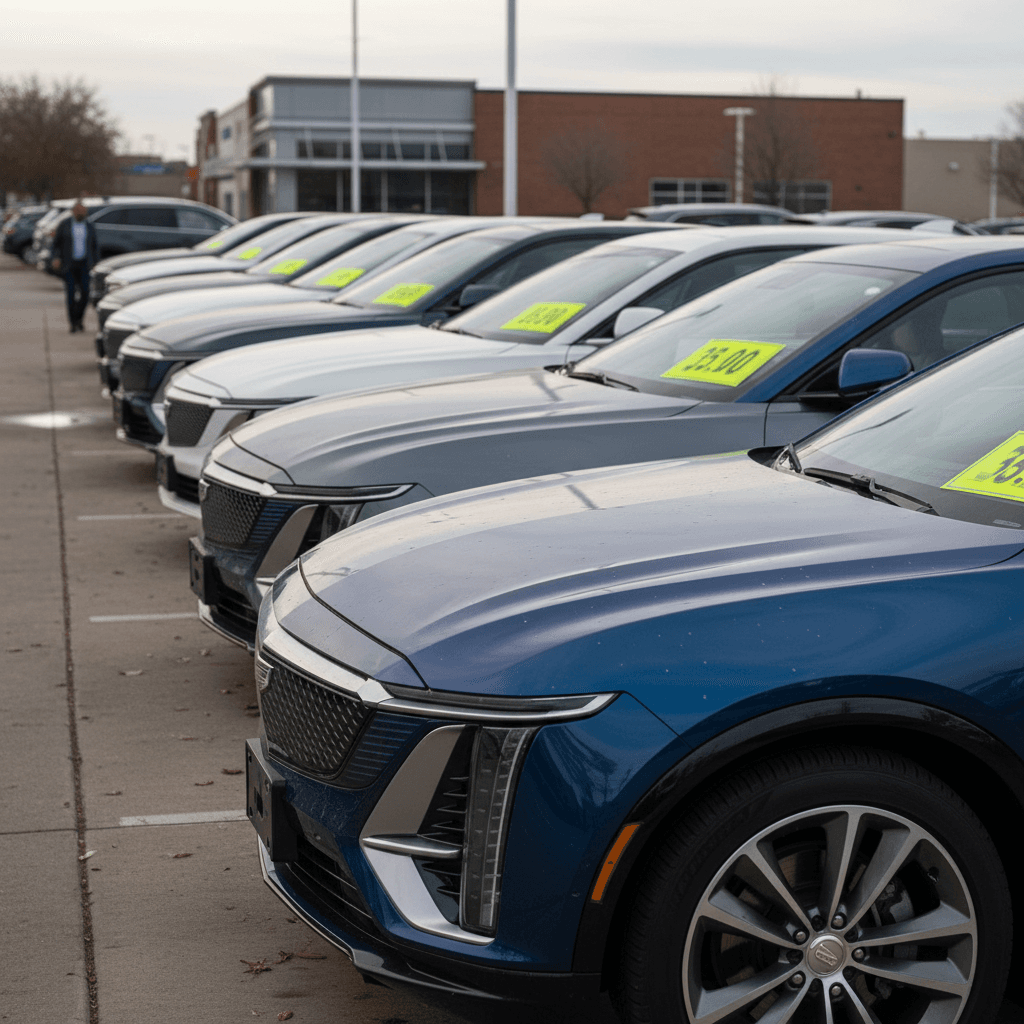 Row of used Cadillac Lyriq electric SUVs parked at a dealership, highlighting future resale value
