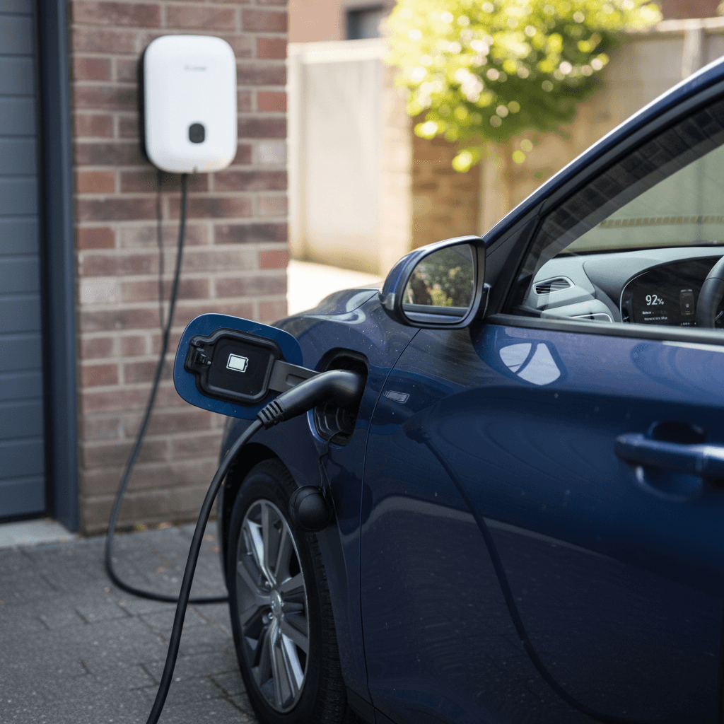 2023 Hyundai Kona Electric charging at home with dashboard showing state of charge and range estimate