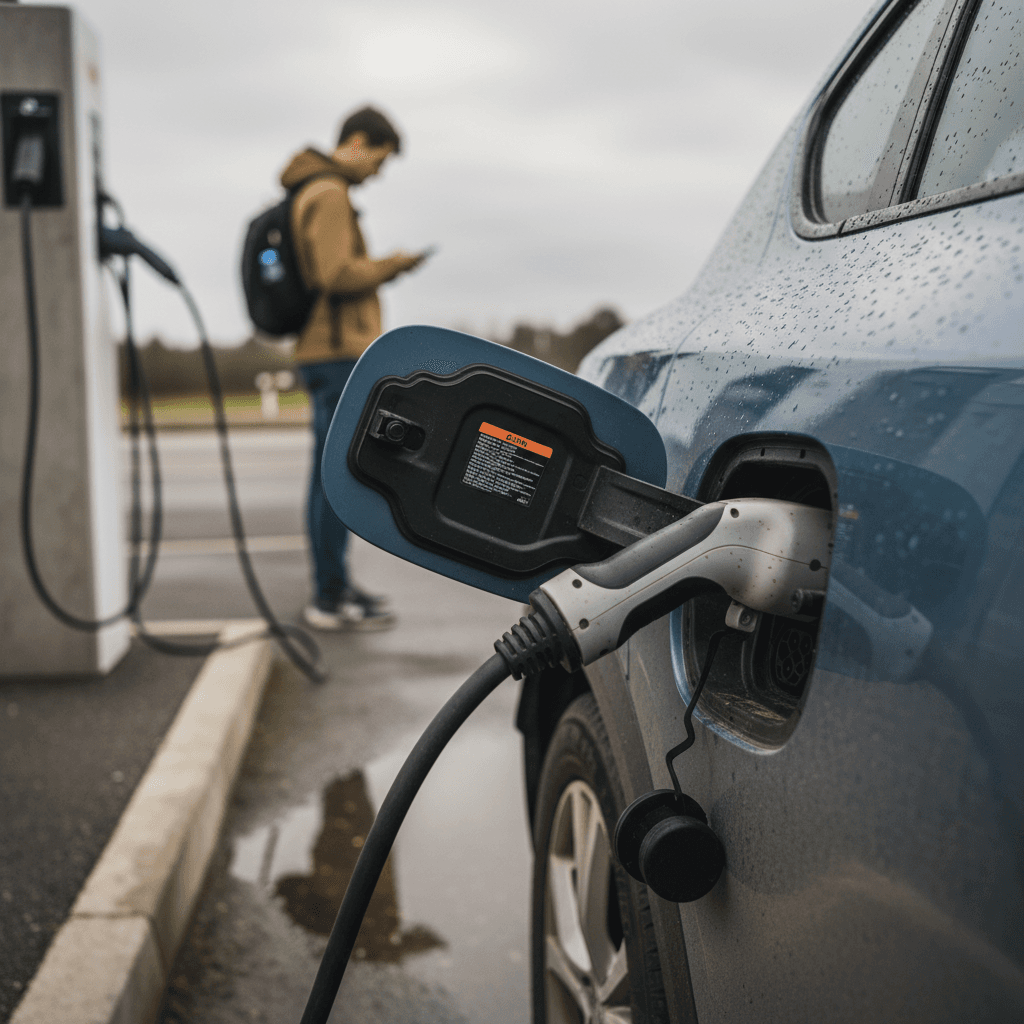 Driver at an electric vehicle fast charger reviewing charging options on the touchscreen
