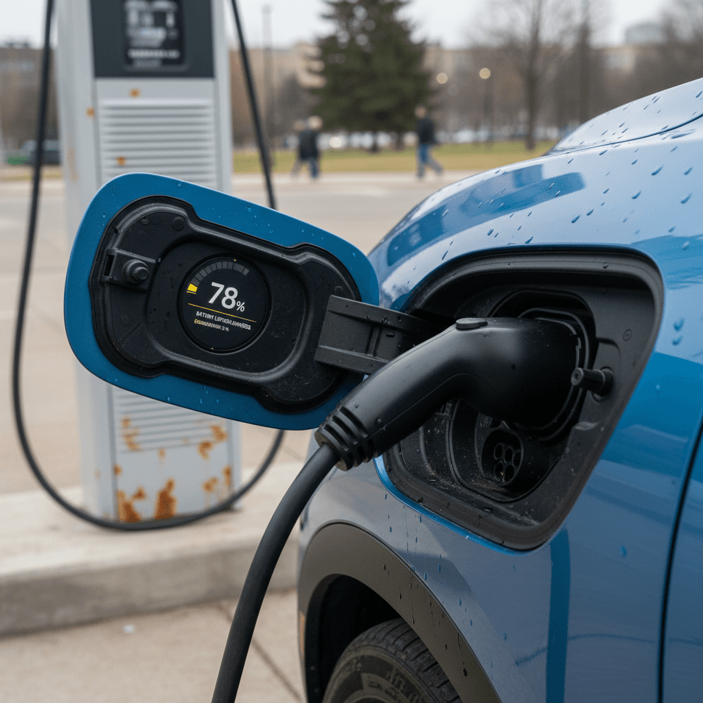 Chevrolet Blazer EV plugged into a public charging station showing battery percentage on the screen