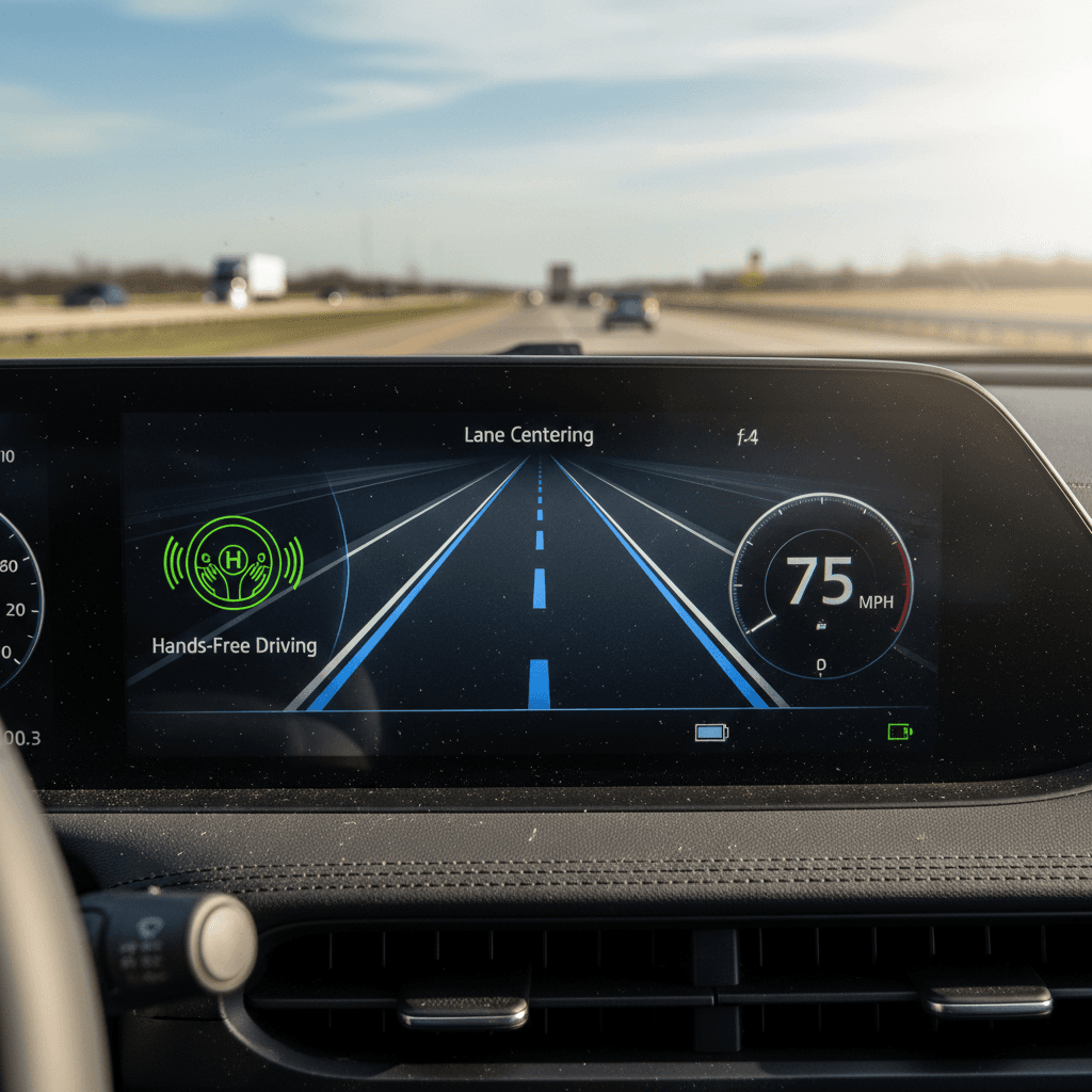 Digital driver display in an electric vehicle showing lane centering and hands-free driving indicators active on a highway