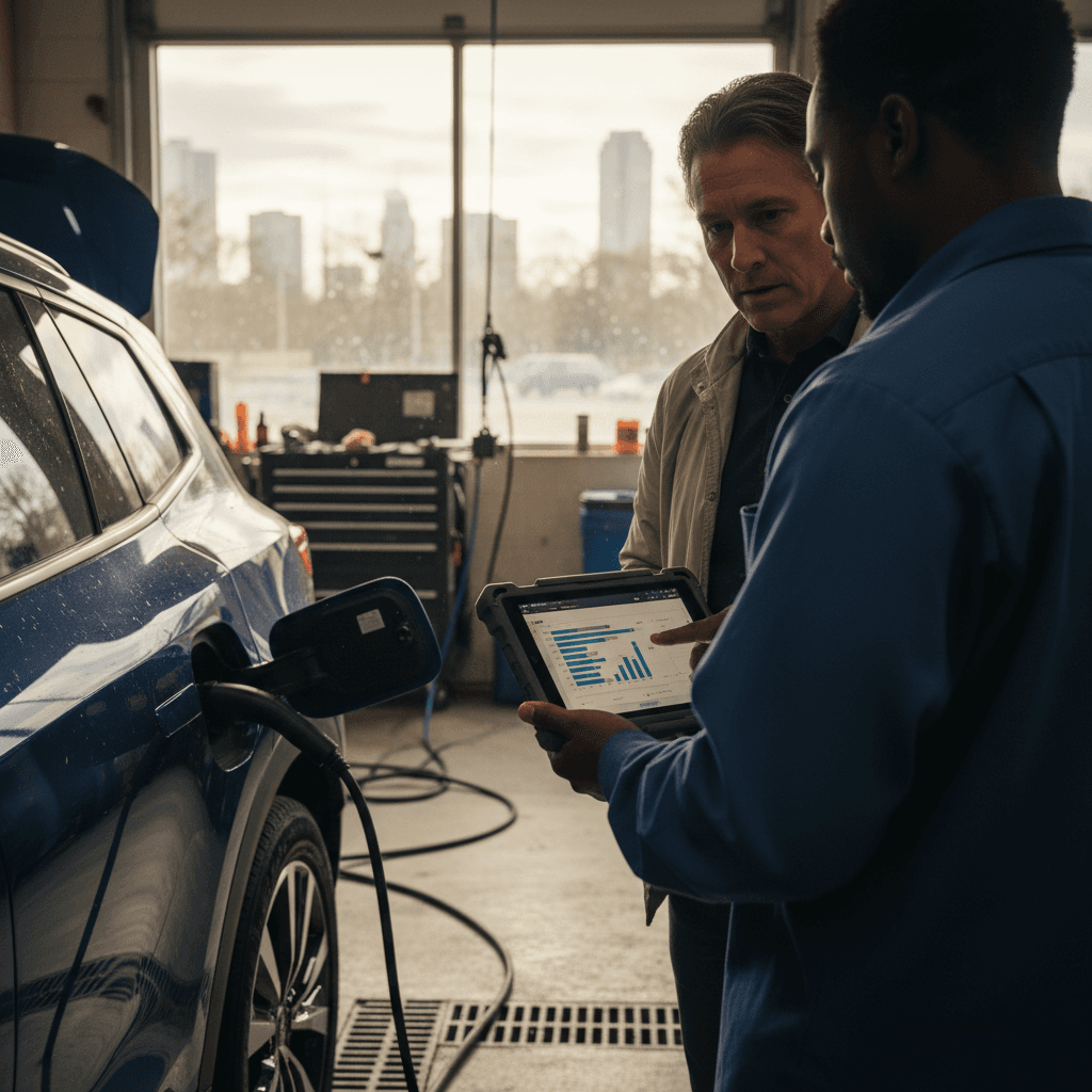 EV specialist and customer reviewing a detailed battery health score for a used electric car on a tablet at a dealership service bay