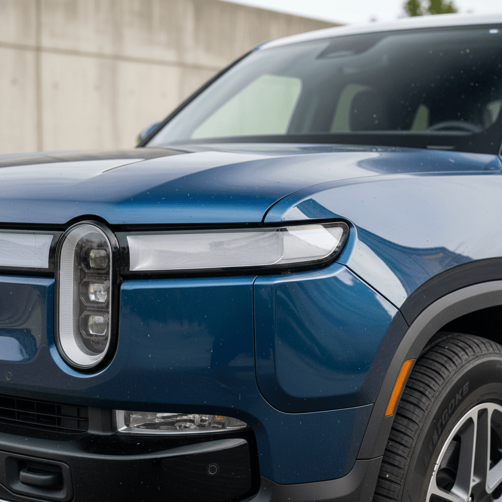 Close view of a Rivian R1S front panel and door seam showing minor alignment and trim fit