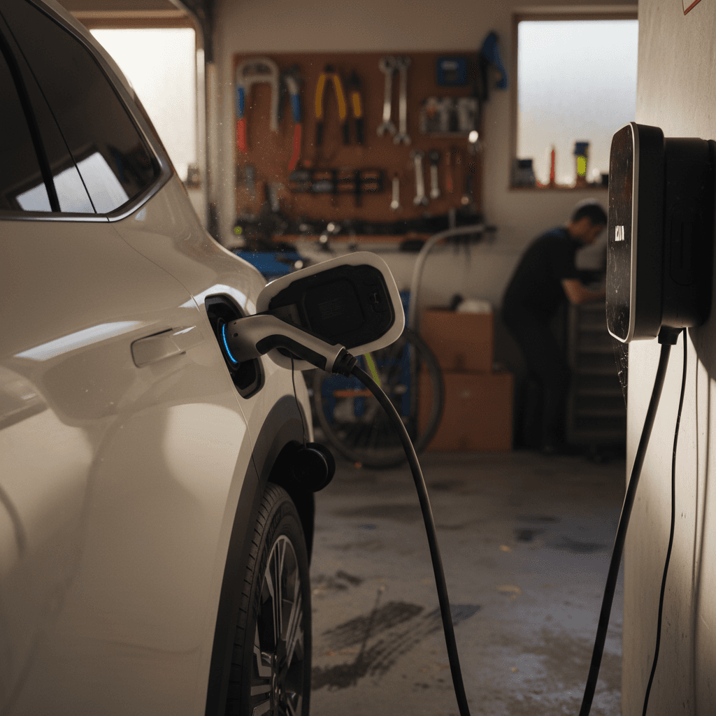 Rivian R1S front suspension components on a lift being inspected by a technician