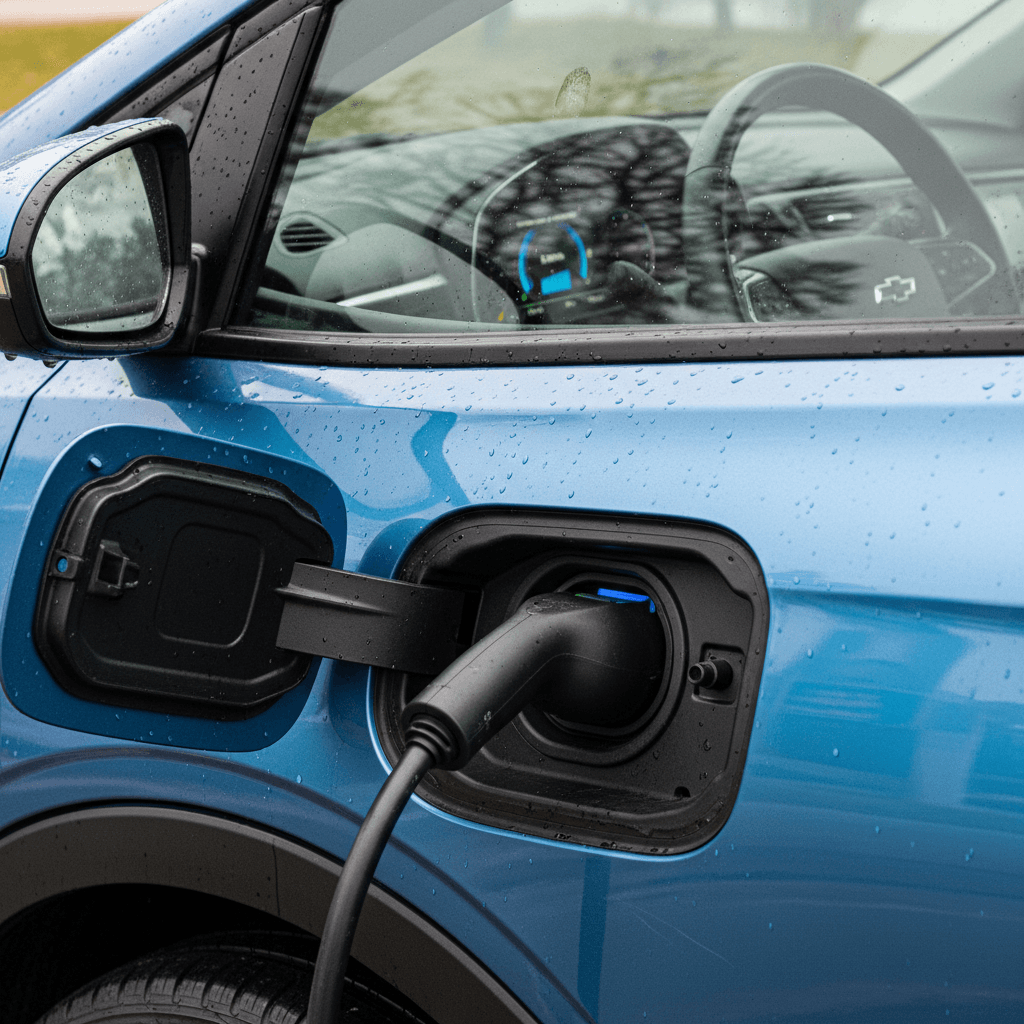 Chevrolet Bolt EV charging with close-up of charge port and dashboard range display