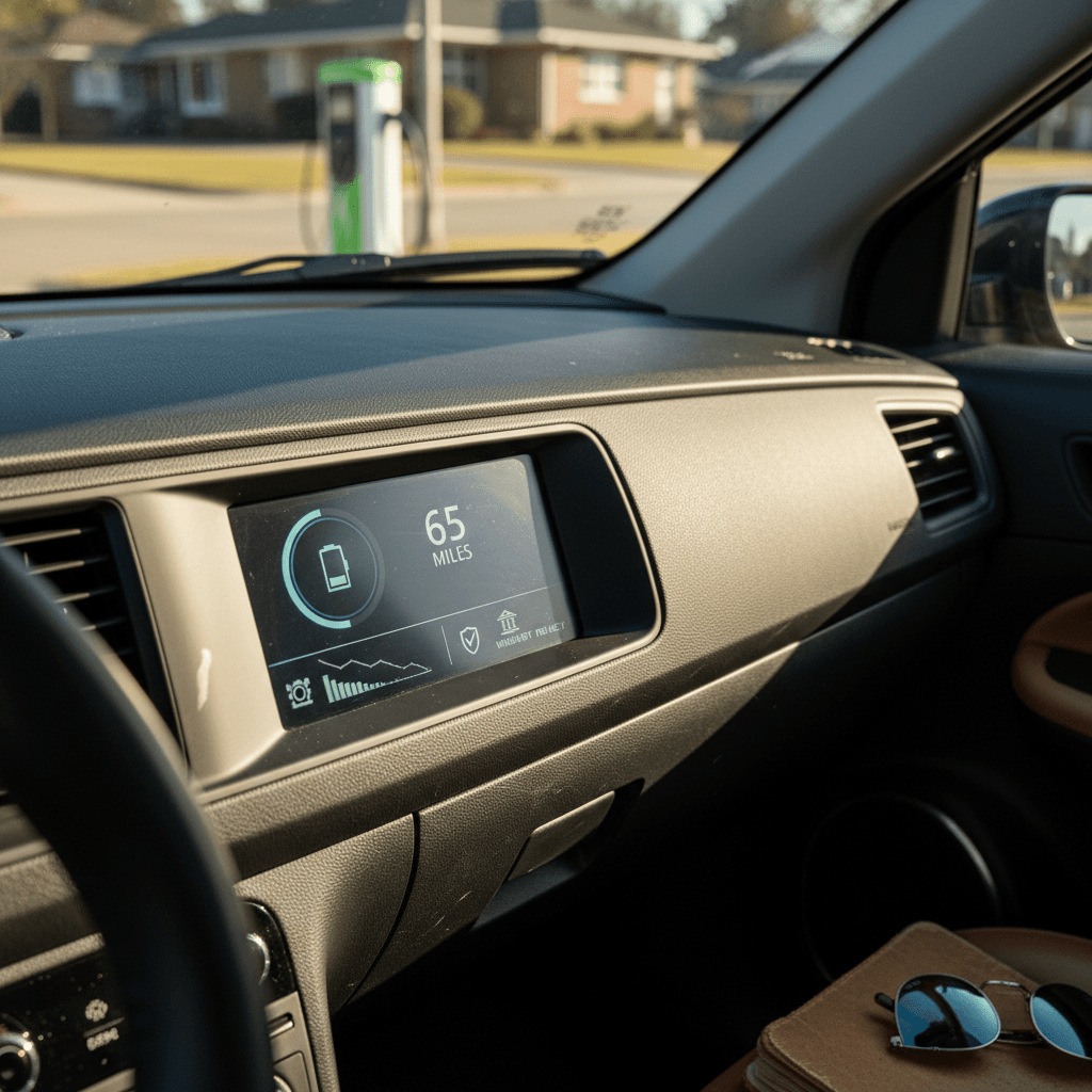 Electric car dashboard showing remaining battery range and state of charge