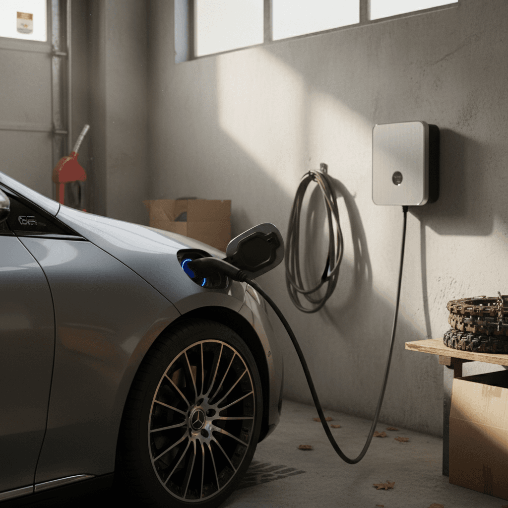 Mercedes EQE plugged into a home wallbox charger in a modern American garage