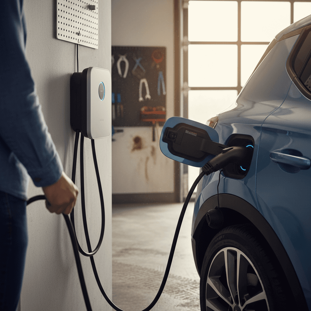A driver plugging an electric car into a wallbox charger in a tidy home garage