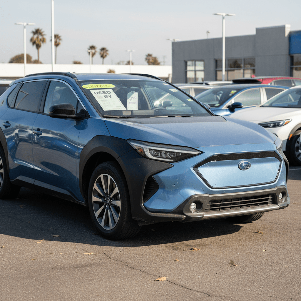 Used Subaru Solterra electric SUV parked in a dealership lot with price tags on the windshield