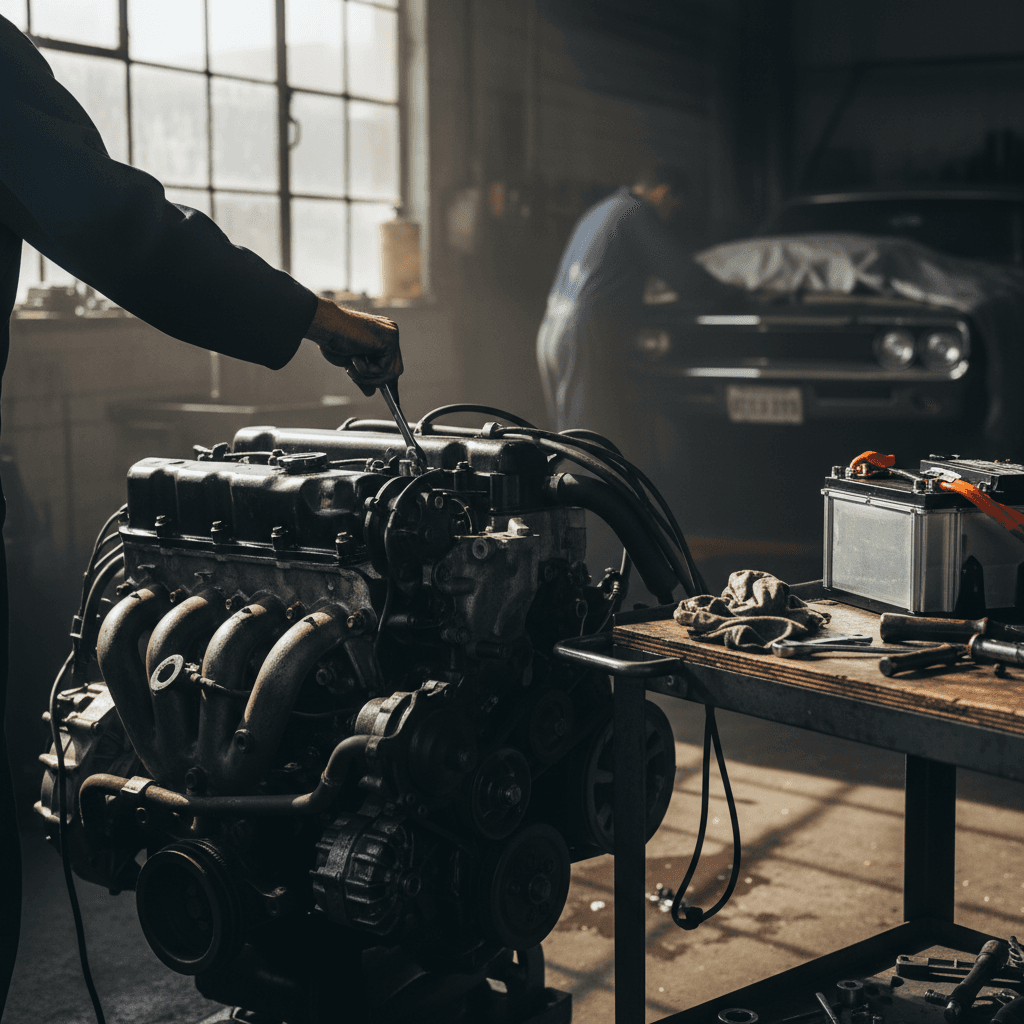 Mechanic using a laptop to run diagnostics on a car engine in a repair shop