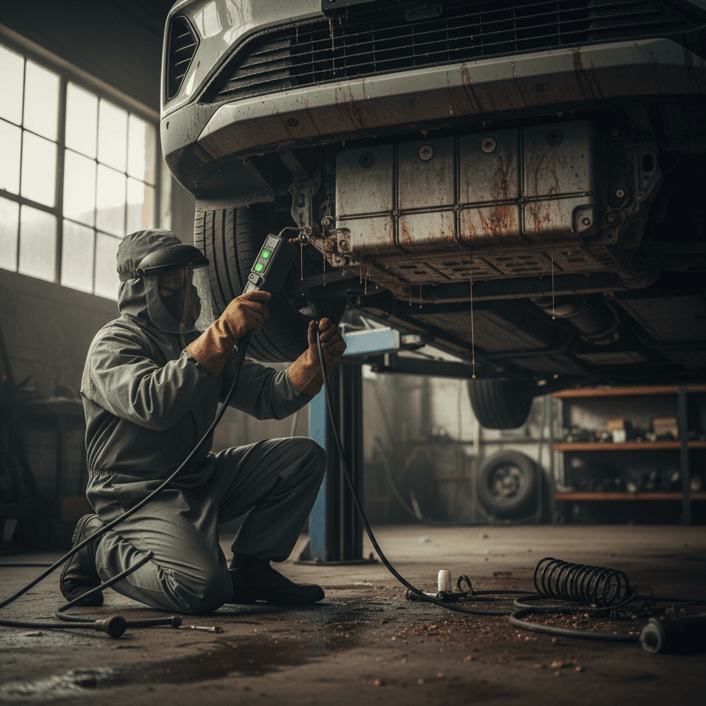 Technician wearing protective gear inspecting the battery area and underbody of a used electric vehicle on a lift for flood damage
