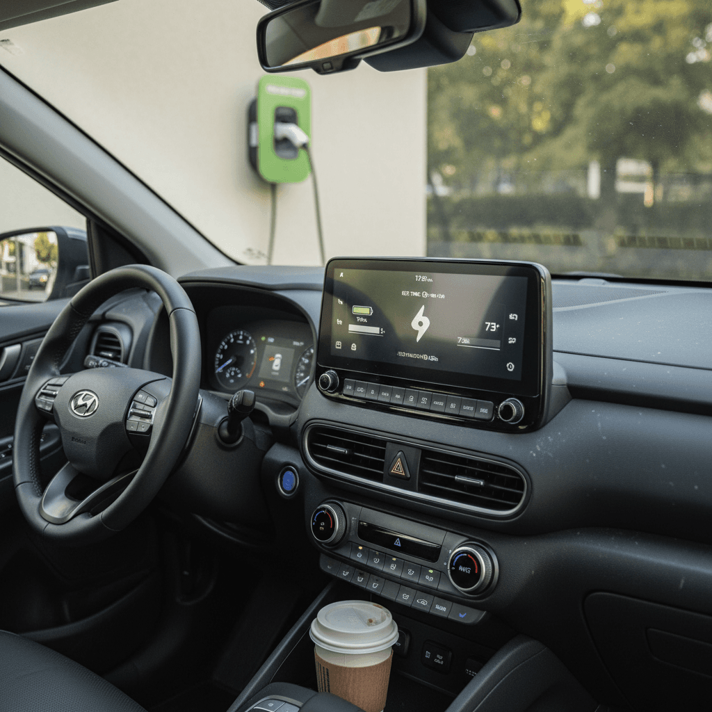Interior view of a 2023 Hyundai Kona Electric parked at a public charger, showing digital instrument cluster and infotainment screen.