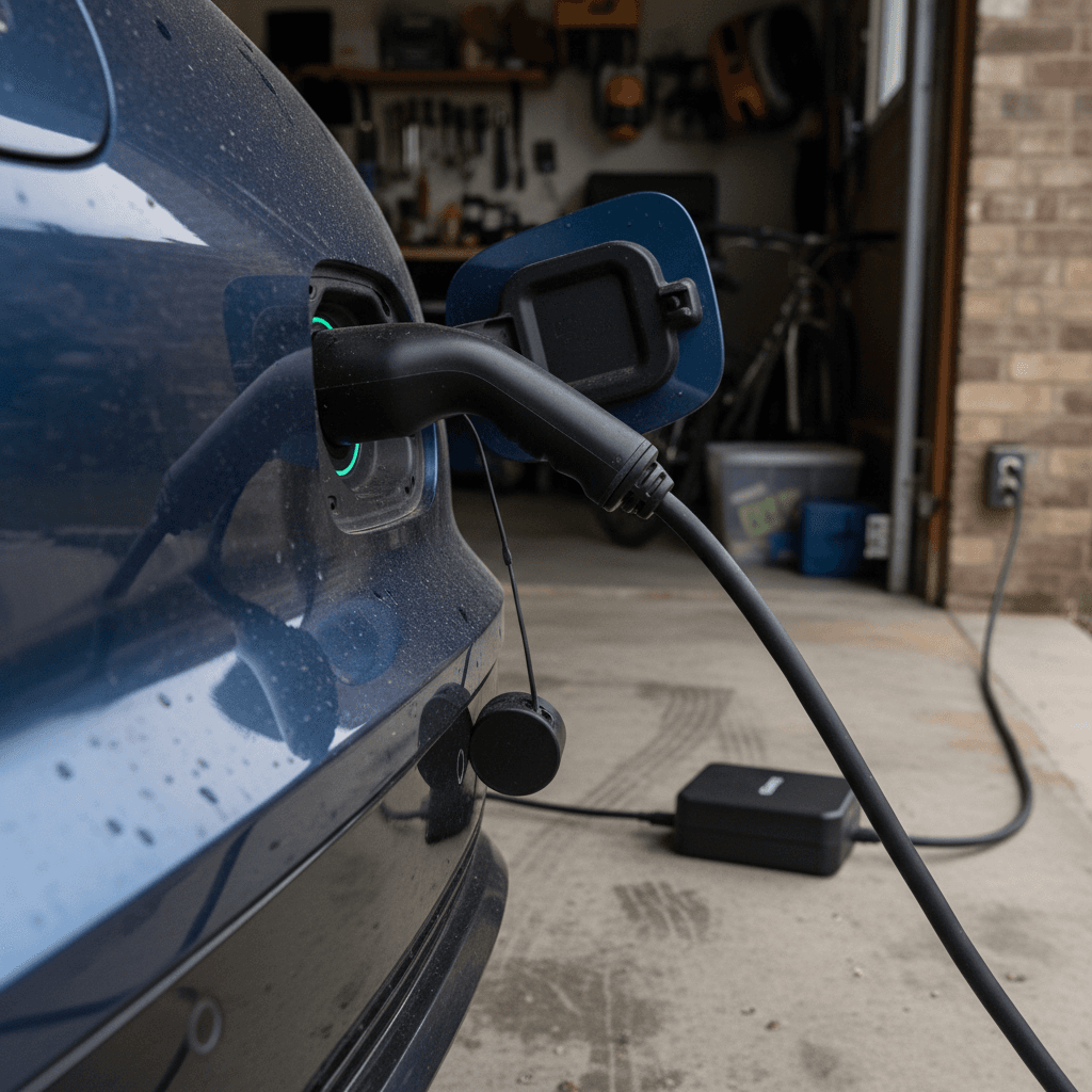 Portable EVSE cable connected between electric car and grounded garage outlet