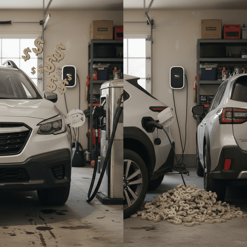 Illustration comparing gasoline pump costs to home EV charging station costs for an SUV driver