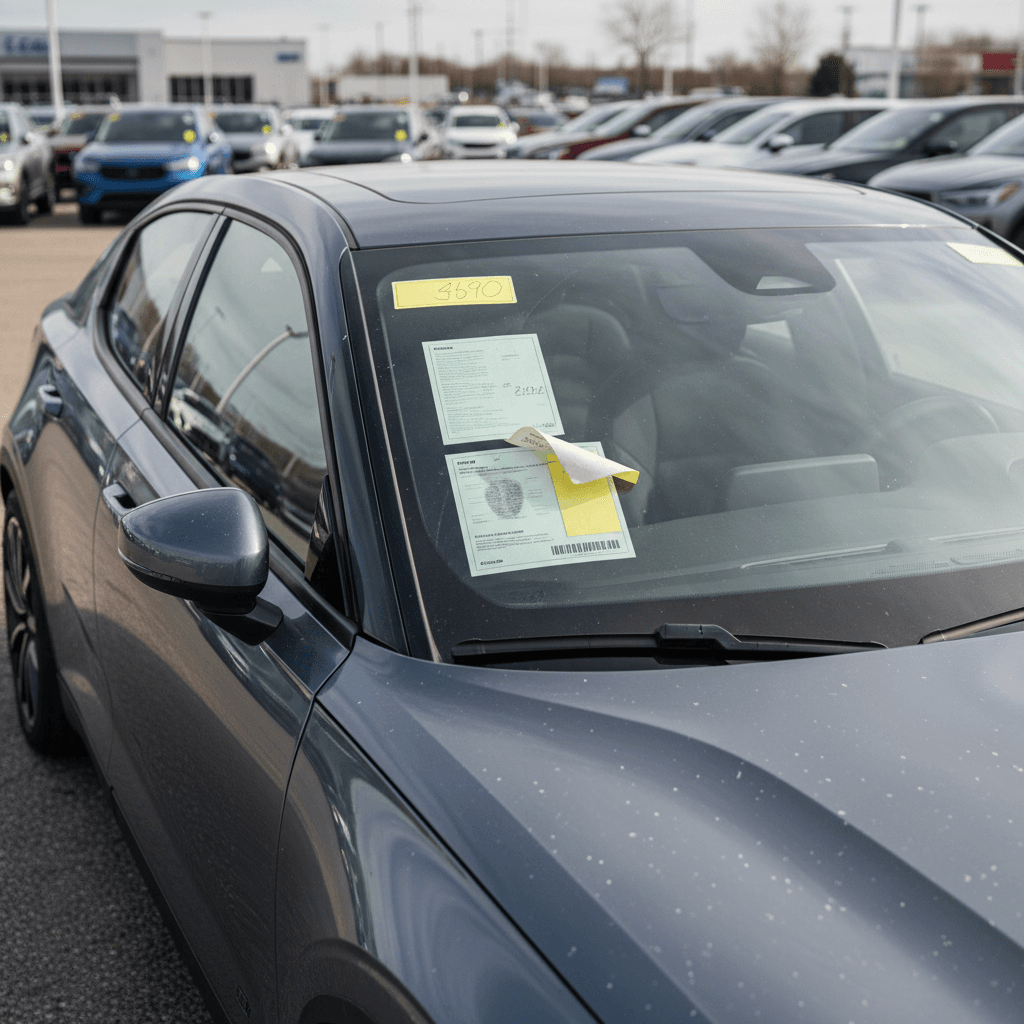 Row of used Polestar 2 electric cars parked at a dealership lot with price stickers on the windshields