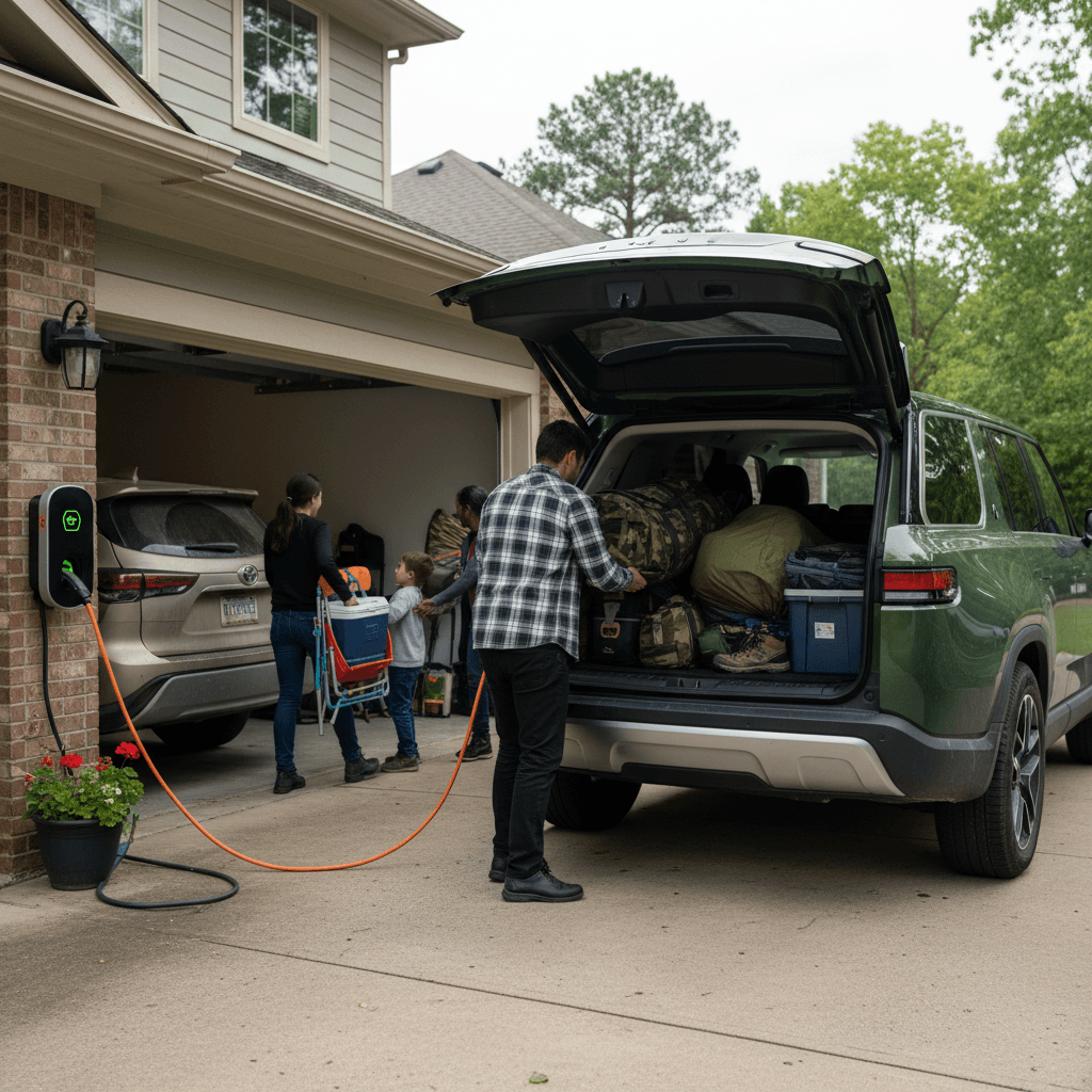 Family loading camping gear into the back of a Rivian R1S with rear seats folded and a home charger plugged in