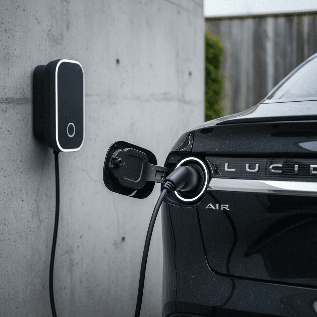Lucid Air charging at a home wallbox with focus on the charge port and rear badge