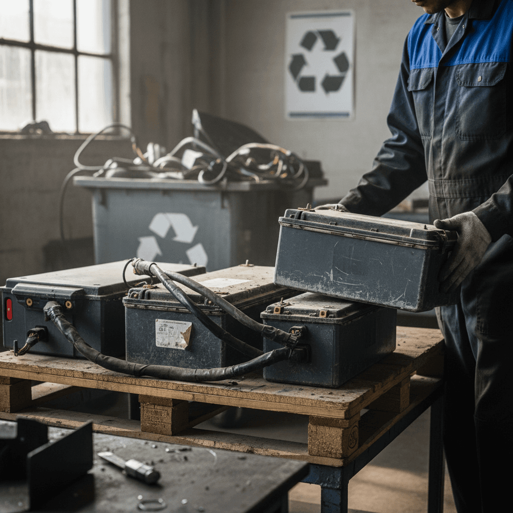 Mechanic lifting a car battery in an auto repair shop