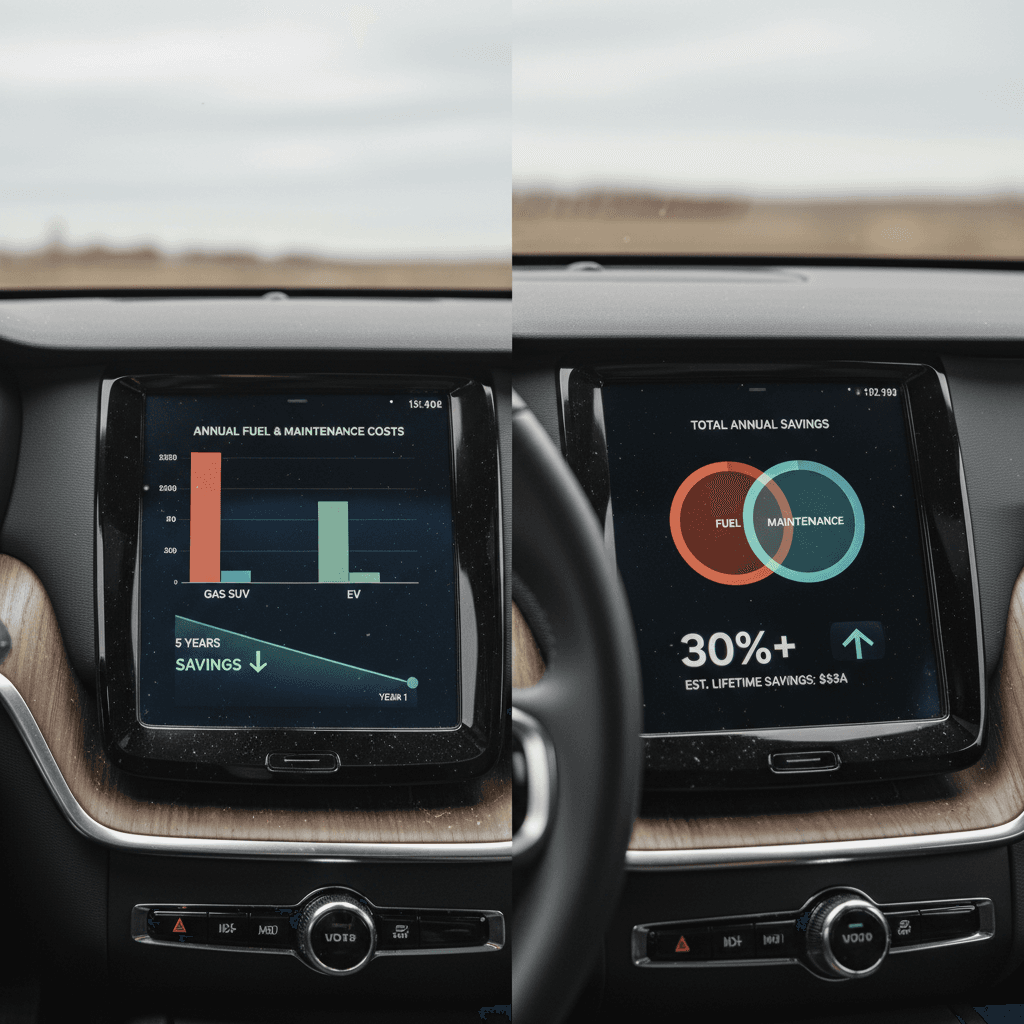 Dashboard-style graphic comparing annual fuel cost for a gasoline Volvo XC60 with electricity cost for a Volvo EX90