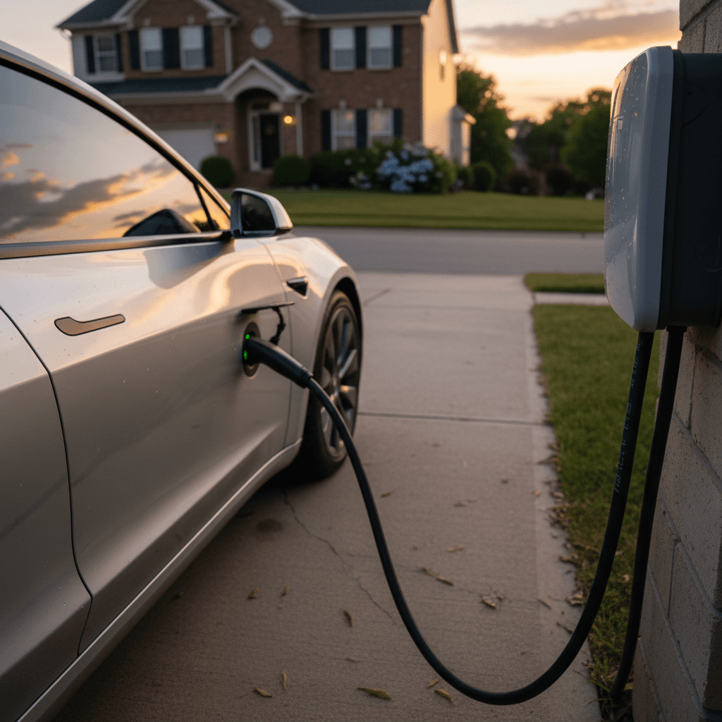 Tesla Model 3 plugged into a home charger in a suburban Richmond driveway at sunset