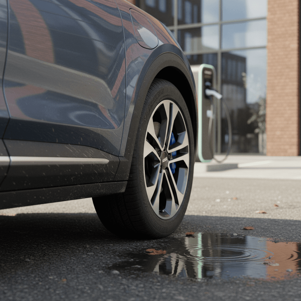 Electric SUV plugged into a home or public charging station in a suburban setting