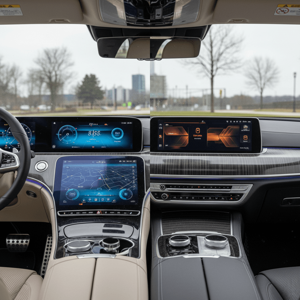 Side‑by‑side interior comparison of Mercedes EQS Hyperscreen dashboard and BMW i7 curved display with ambient lighting