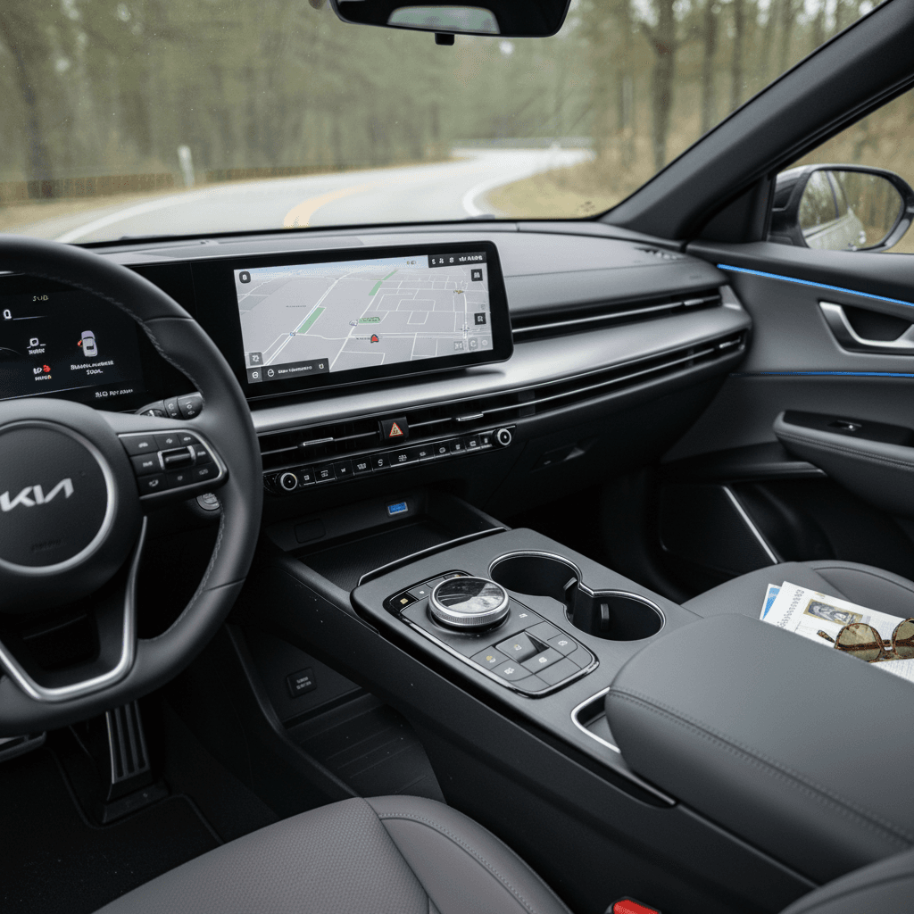 Kia EV6 interior showing modern dashboard and wide center console, highlighting the difference from a traditional CR-V cabin