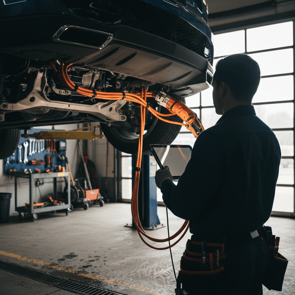 Technician examining the front suspension and high-voltage wiring on an Acura ZDX raised on a service lift