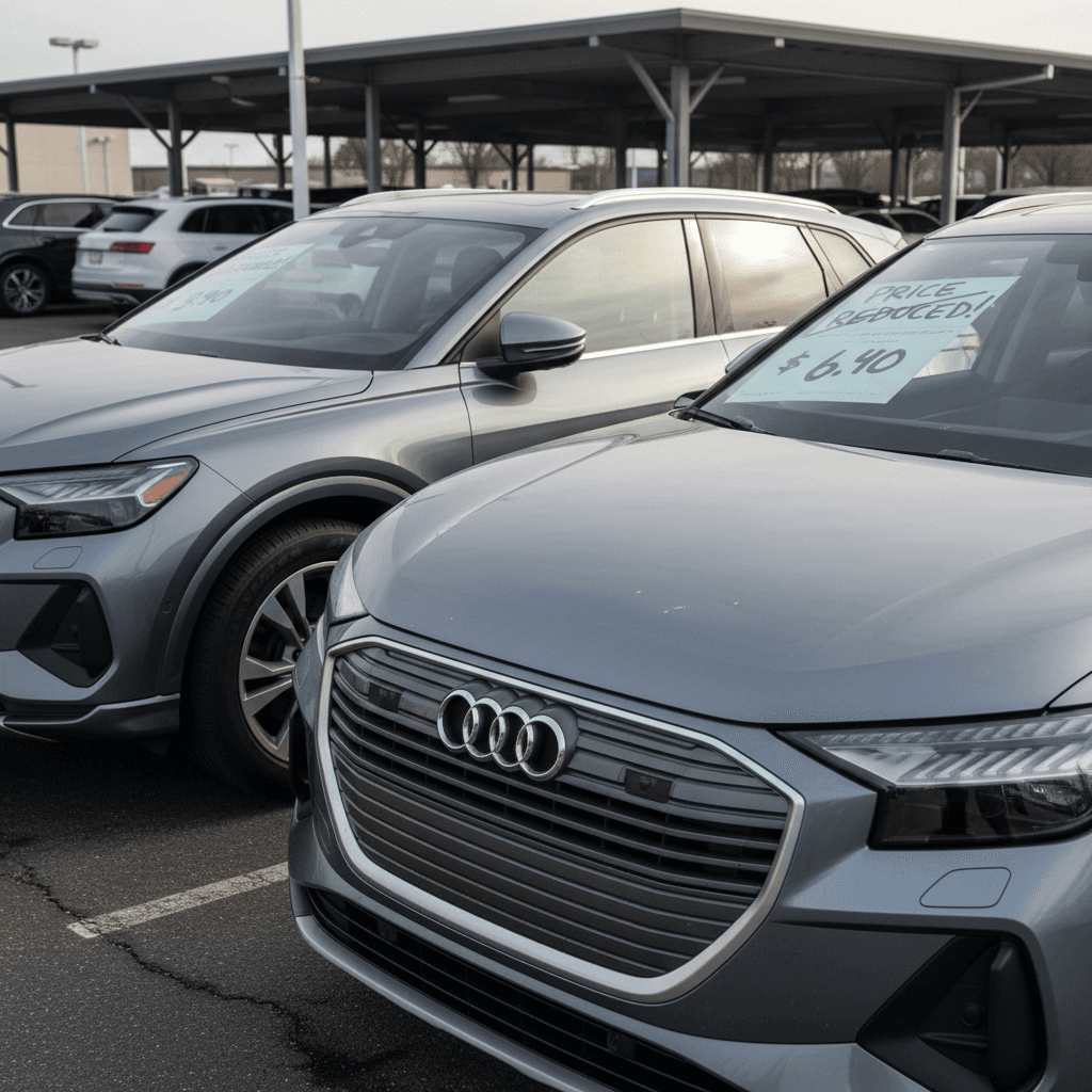 Row of used Audi Q4 e-tron SUVs parked on a dealer lot, showcasing how 3-year-old models are priced in the current EV market