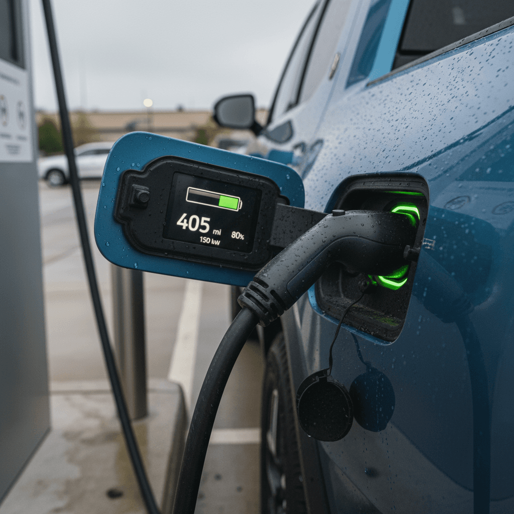 Rivian R1T plugged into a fast charger showing high state of charge on the screen