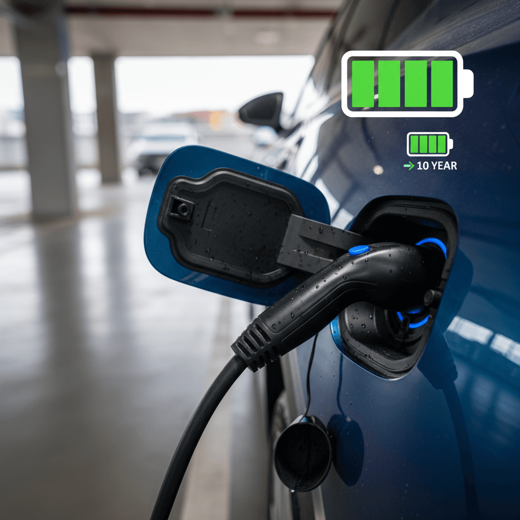 Volkswagen ID.4 plugged in at a home charger with focus on the charging port and cable