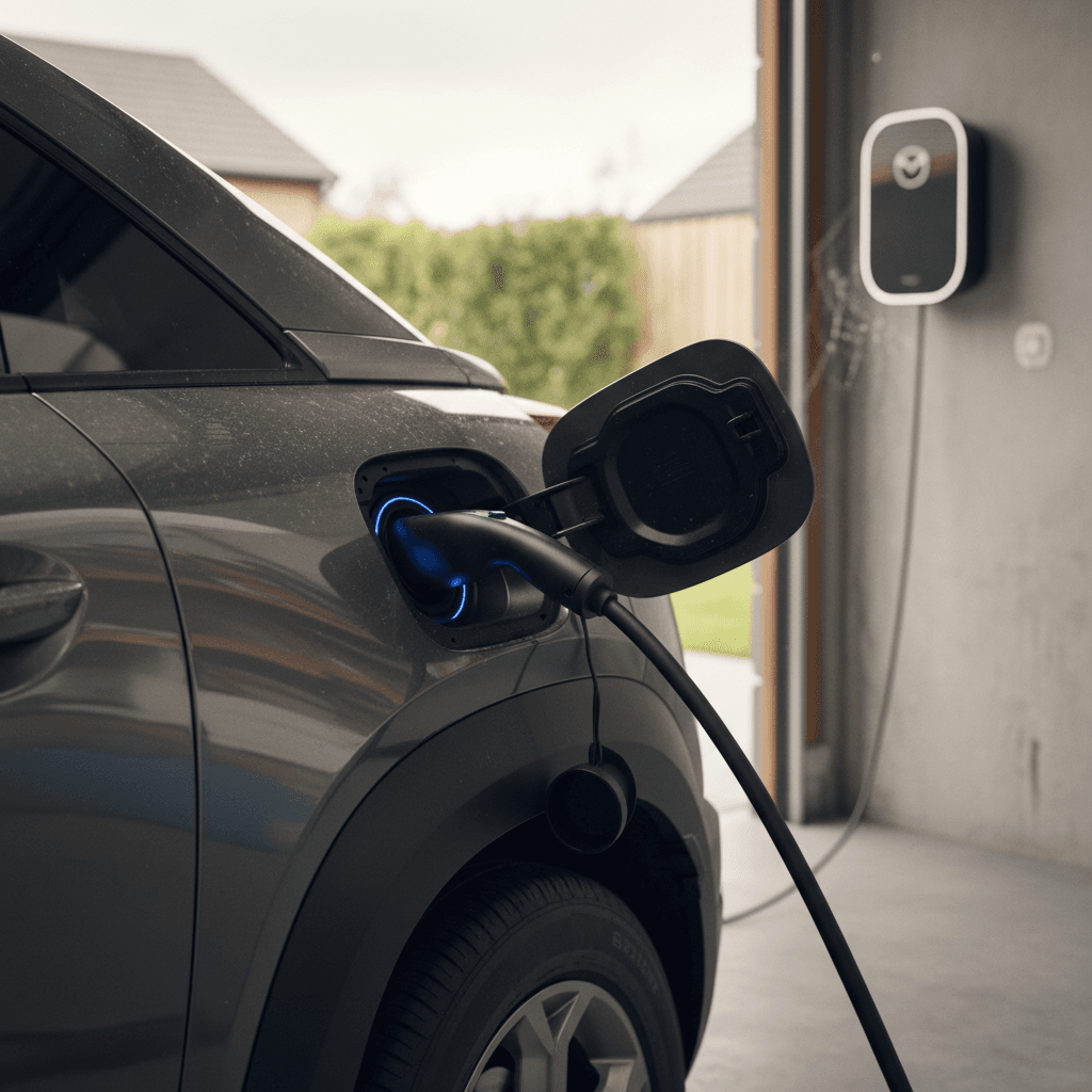 2023 Mazda MX-30 plugged into a home wallbox, showing its side body panels and charging port