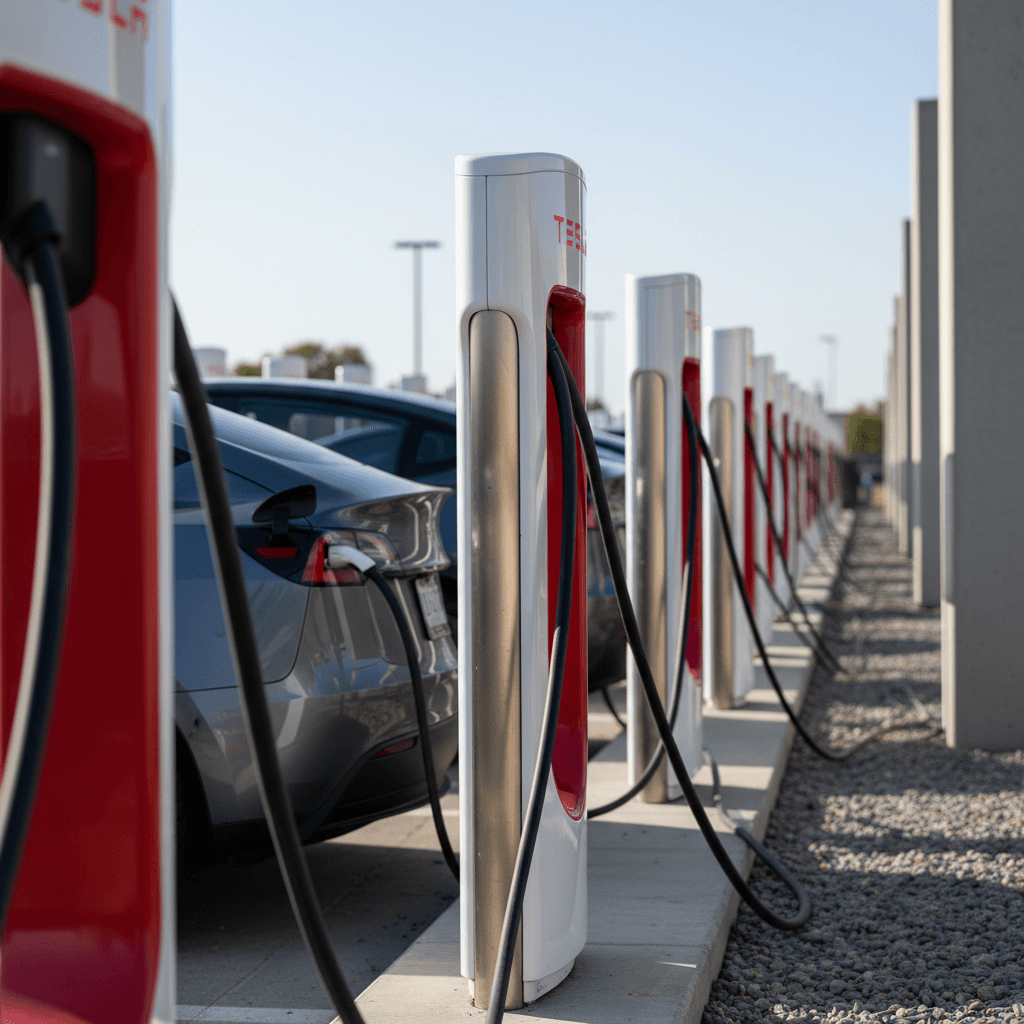 Row of Tesla Supercharger stalls at a highway charging station