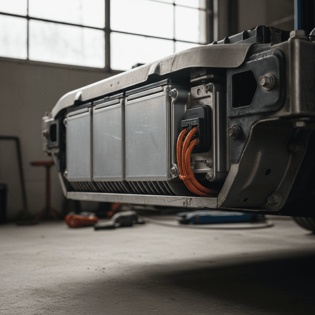 Underfloor lithium-ion battery pack mounted in an electric car chassis