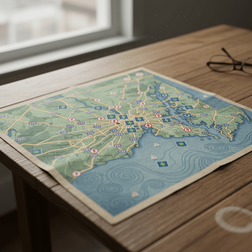 Map-style illustration of Maryland showing I‑95, I‑70, and US‑50 with icons for DC fast chargers and Level 2 charging stations