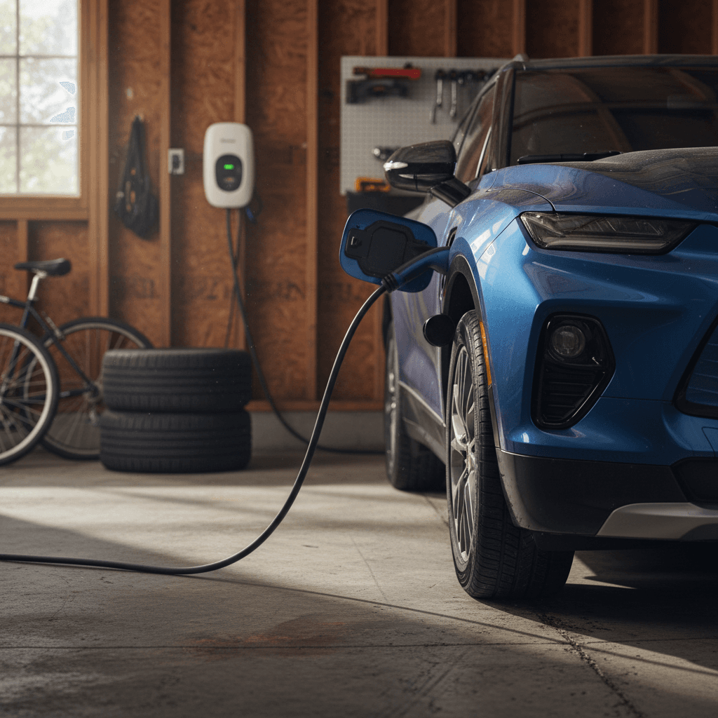 Chevy Blazer EV parked in a home garage and plugged into a Level 2 wallbox charger