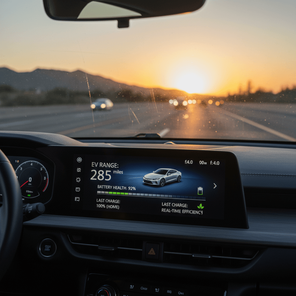 Electric car digital dashboard showing state of charge and remaining driving range