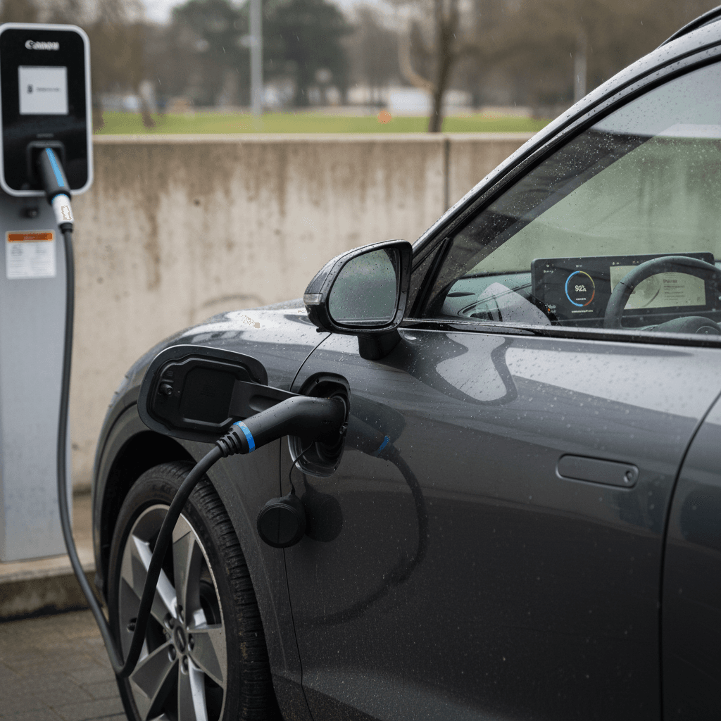 Genesis GV60 connected to a DC fast charger with charging status and range shown on the interior display