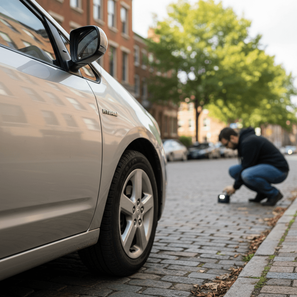 Row of used electric and gas cars parked on a dealer lot at sunset